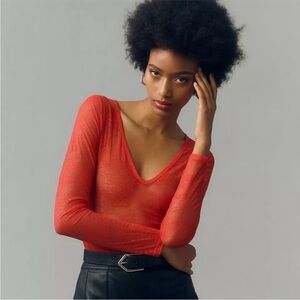 NWT Anthropologie | Red Deep V Neck Lace Bodysuit, XL